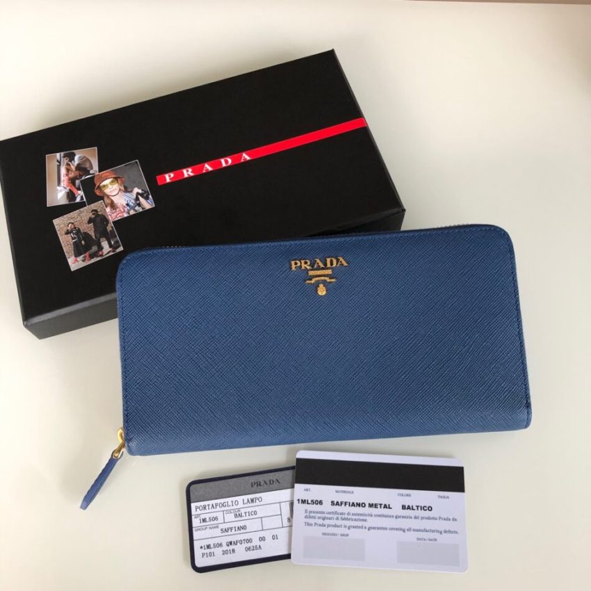 Prada Saffiano Long Zipper Wallet Blue
