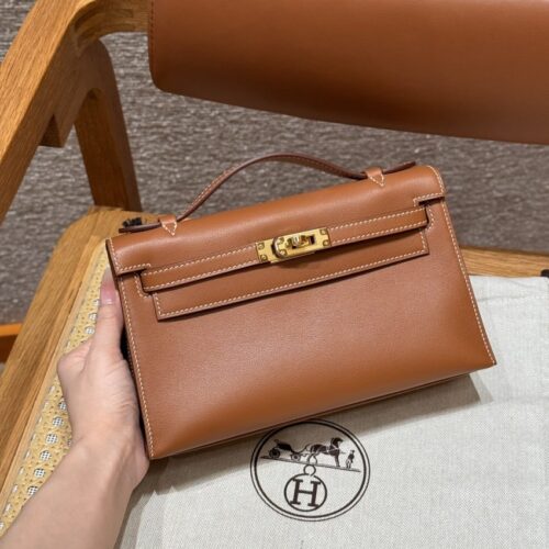Hermes Kelly Pochette Swift Brown