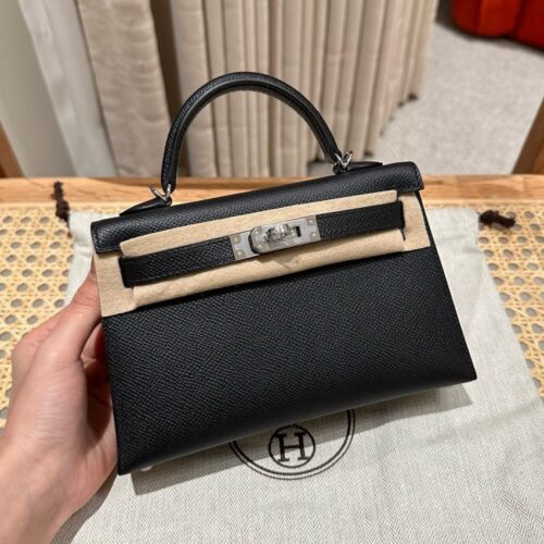Hermes Kelly Black Epsom Silver
