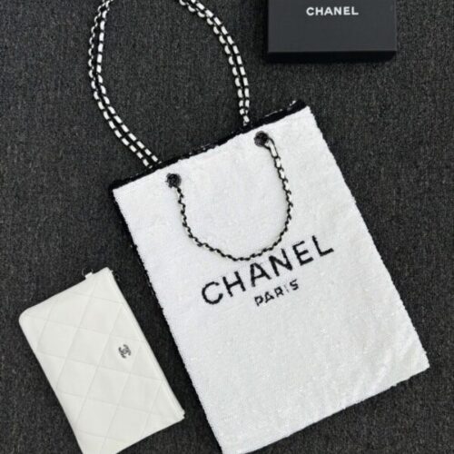 CHANEL Sequin Shoulder Bag White